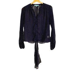 Pleione Blue Sheer Tie Front Blouse With Tan Polka Dots, Size Small